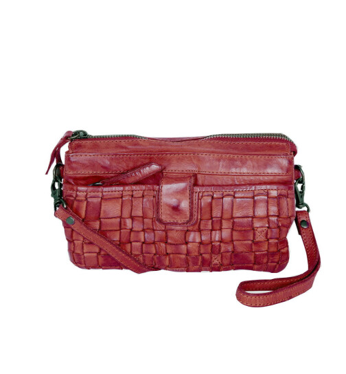 Bear-Design Leder Damen Tasche mit RFID Schutz, Umh&auml;ngetasche, Cross Body,Leder Clutch geflochten, Ledertasche Used Look Rot