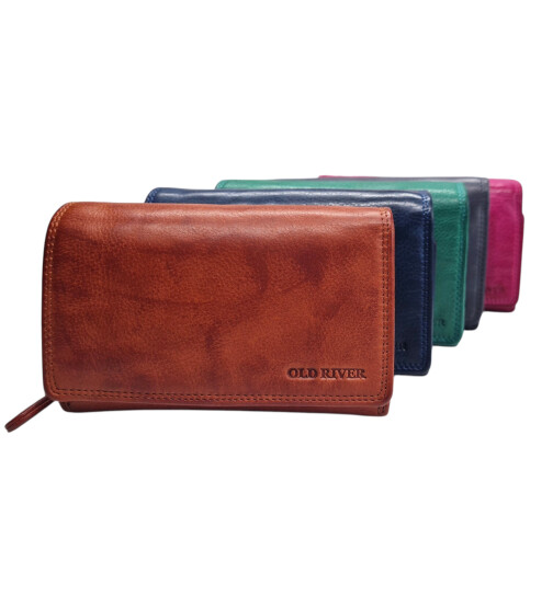 Old River Damen Leder Geldbörse, Damen Portemonnaie RFID Schutz Geldbeutel mit viel Fächer