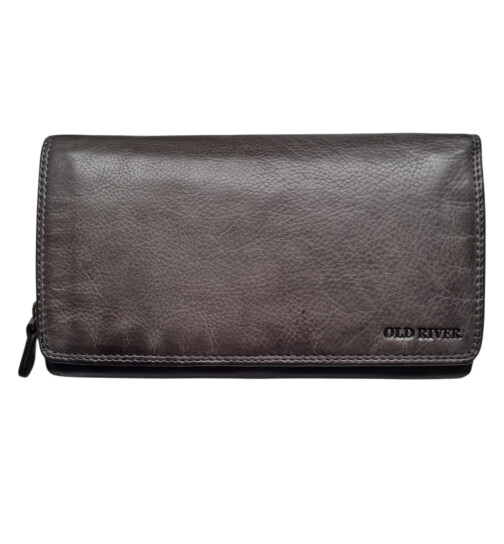 Leder Damen Geldbörse XXL, Lederbörse Portemonnaie Brieftasche Nappaleder mit Geldscheinfächer, Box Travel Organizer Grau