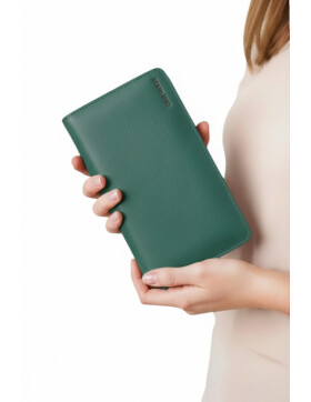 Leder Damen Geldbörse XXL, Lederbörse Portemonnaie Brieftasche Nappaleder mit Geldscheinfächer, Box Travel Organizer Dunkelgrün