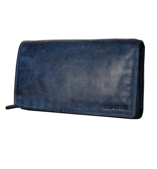 Leder Damen Geldbörse XXL, Lederbörse Portemonnaie Brieftasche Nappaleder mit Geldscheinfächer, Box Travel Organizer Blau