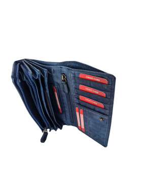 Leder Damen Geldbörse XXL, Lederbörse Portemonnaie Brieftasche Nappaleder mit Geldscheinfächer, Box Travel Organizer Blau