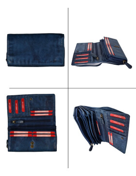 Leder Damen Geldbörse XXL, Lederbörse Portemonnaie Brieftasche Nappaleder mit Geldscheinfächer, Box Travel Organizer Blau