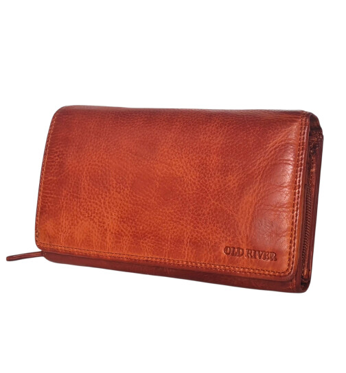 Leder Damen Geldbörse XXL, Lederbörse Portemonnaie Brieftasche Nappaleder mit Geldscheinfächer, Box Travel Organizer Cognac