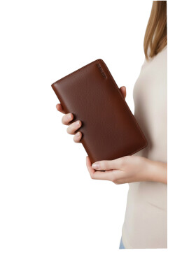Leder Damen Geldbörse XXL, Lederbörse Portemonnaie Brieftasche Nappaleder mit Geldscheinfächer, Box Travel Organizer Cognac