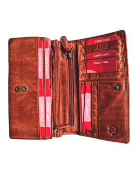 Leder Damen Geldbörse XXL, Lederbörse Portemonnaie Brieftasche Nappaleder mit Geldscheinfächer, Box Travel Organizer Cognac
