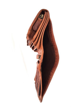 Leder Damen Geldbörse XXL, Lederbörse Portemonnaie Brieftasche Nappaleder mit Geldscheinfächer, Box Travel Organizer Cognac