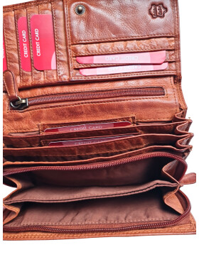 Leder Damen Geldbörse XXL, Lederbörse Portemonnaie Brieftasche Nappaleder mit Geldscheinfächer, Box Travel Organizer Cognac