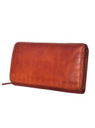 Leder Damen Geldbörse XXL, Lederbörse Portemonnaie Brieftasche Nappaleder mit Geldscheinfächer, Box Travel Organizer Cognac