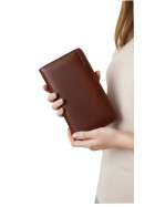 Leder Damen Geldbörse XXL, Lederbörse Portemonnaie Brieftasche Nappaleder mit Geldscheinfächer, Box Travel Organizer Cognac