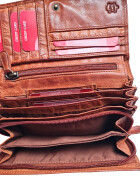 Leder Damen Geldbörse XXL, Lederbörse Portemonnaie Brieftasche Nappaleder mit Geldscheinfächer, Box Travel Organizer Cognac