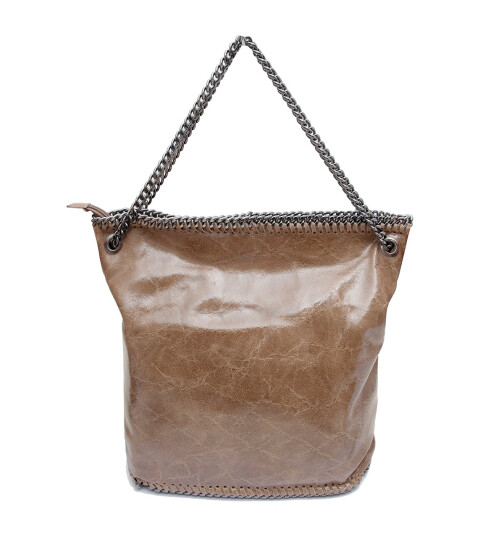 Damen Tasche echt.Leder, Leder Beuteltasche Taupe, Leder Shopper, Tote Bag Leder, Leder Beutel mit Ketten