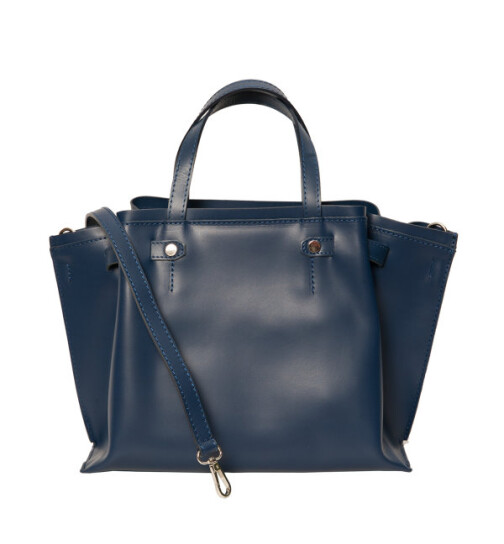 Damen Ledertasche mittelgroß, Leder Tote Bag aus Hartleder mit Schulterriemen, Ledershopper Dunkelblau Schultertasche italienische Handarbeit
