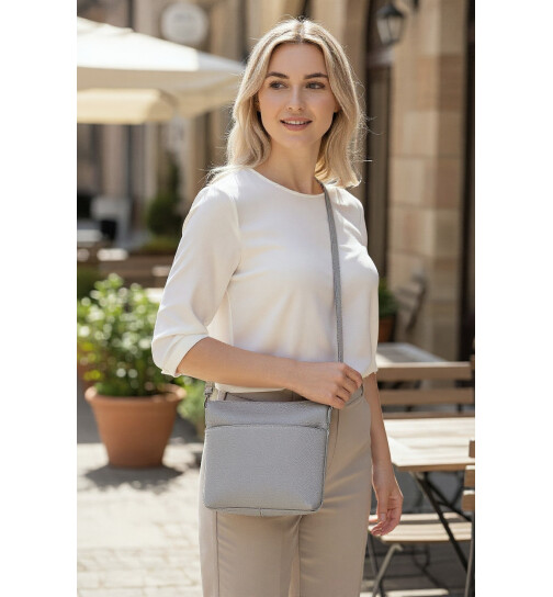 Damen Leder Tasche  grau, Schultertasche klein, Italienische Umhängetasche mit Henkel, Beuteltasche Leder, Lederbeutel Italienische Handarbeit