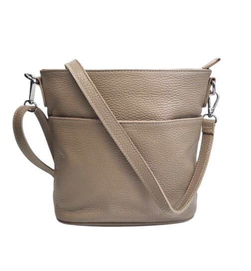 Damen Leder Tasche taupe, Schultertasche klein, Italienische Umhängetasche mit Henkel, Beuteltasche Leder, Lederbeutel Italienische Handarbeit