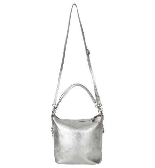 Damen Leder Tasche silber, Schultertasche klein, Italienische Umhängetasche mit Henkel, Beuteltasche Leder, Lederbeutel Italienische Handarbeit