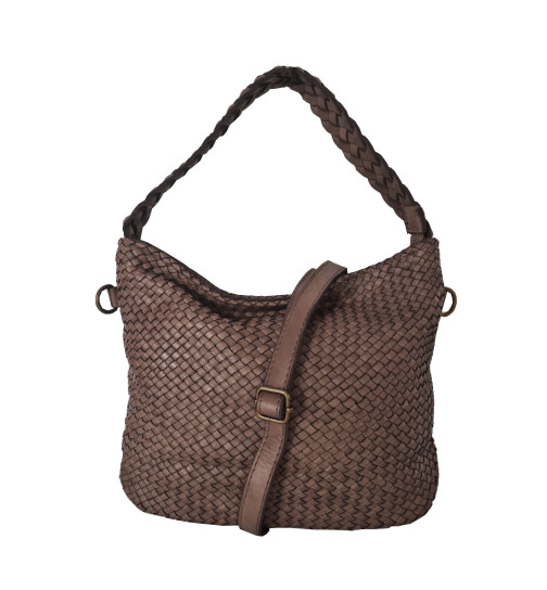 Damen Tasche Leder, Henkeltasche, Leder Schultertasche geflochten, Shopper Taupe