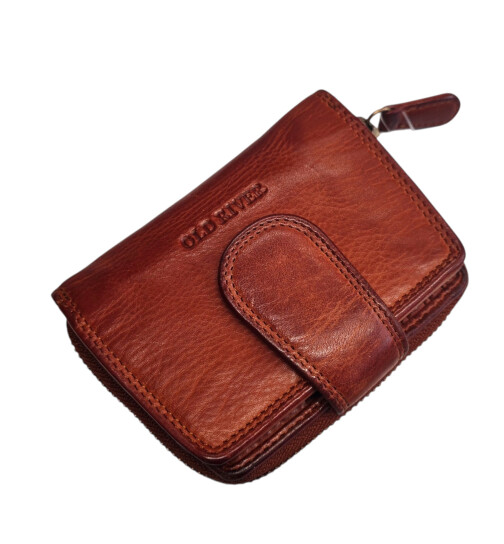 Old River Damen Leder Geldbörse Klein, Damen Portemonnaie RFID Schutz, Lederbörse Vintage cognac