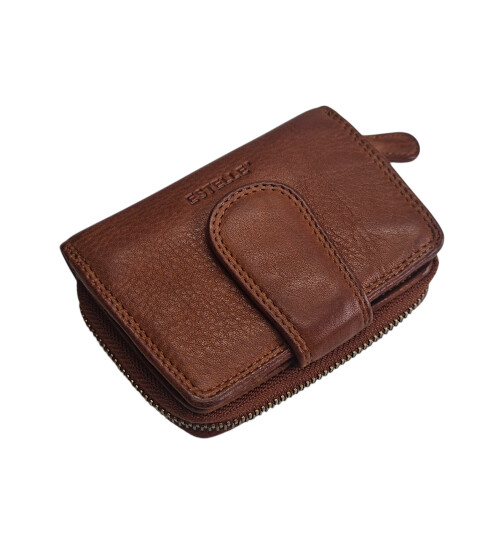Old River/ Estelle Damen Leder Geldbörse Klein, Damen Portemonnaie mit RFID Schutz, kleiner Geldtbeutel mit viel Fächer Vinatage Leder cognac