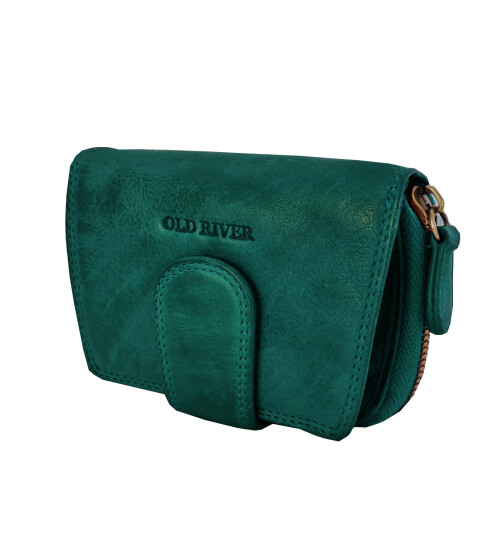Old River Damen Leder Geldb&ouml;rse Klein, Damen Portemonnaie, Geldtasche mit Kartenf&auml;cher Z5025, gewaschenes echt Leder seegr&uuml;n