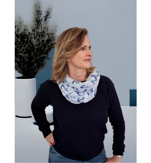 Loop - Schal/Schlauchschal, Schlauchtuch leicht, Halstuch Marine,Anker Motiv Viskose Weiss