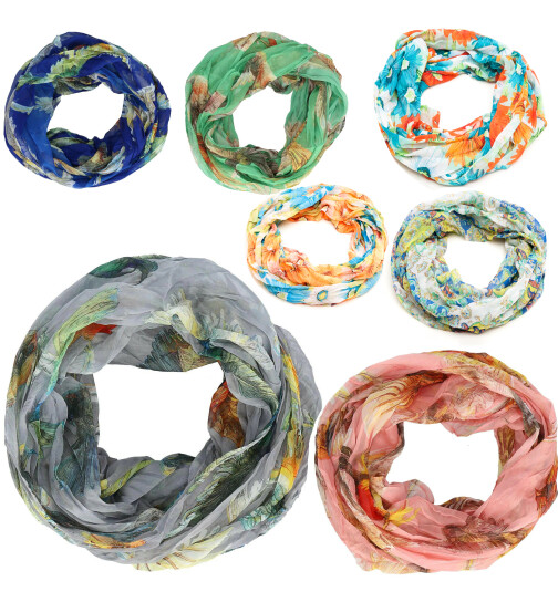 Damen Loop Schal, Schlauchschal d&uuml;nn seidig, Halstuch, Rundschal T&uuml;cher Floral Blumen-/ Vogel Motiv
