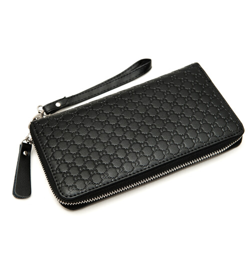 Damen Portemonnaie groß Schwarz mit Gelenkschlaufe, elegante Geldbörse aus Leder, Brieftasche mit stylischer Prägung