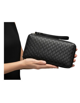 Damen Portemonnaie groß Schwarz mit Gelenkschlaufe, elegante Geldbörse aus Leder, Brieftasche mit stylischer Prägung