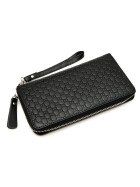 Damen Portemonnaie groß Schwarz mit Gelenkschlaufe, elegante Geldbörse aus Leder, Brieftasche mit stylischer Prägung