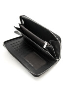 Damen Portemonnaie groß Schwarz mit Gelenkschlaufe, elegante Geldbörse aus Leder, Brieftasche mit stylischer Prägung