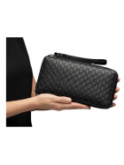 Damen Portemonnaie groß Schwarz mit Gelenkschlaufe, elegante Geldbörse aus Leder, Brieftasche mit stylischer Prägung