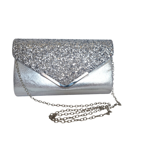 Kuvert Brauttasche Silber Glitter, Kettentasche, Glitzer Abendtasche