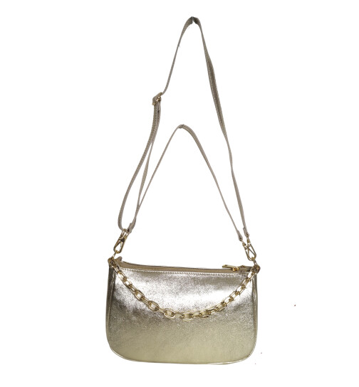 Damen Leder Tasche mit Kette, Schultertasche klein, Henkeltasche, Leder Clutch, Umh&auml;ngetasche mit Kette, Italy Gold