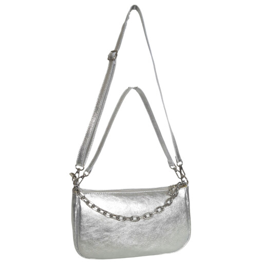 Damen Leder Tasche mit Kette, Schultertasche klein, Henkeltasche, Leder Clutch, Umh&auml;ngetasche mit Kette, Italy Silber