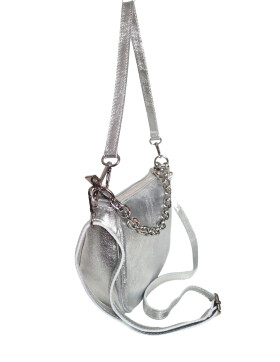 Damen Leder Tasche mit Kette, Schultertasche klein, Henkeltasche, Leder Clutch, Umh&auml;ngetasche mit Kette, Italy Silber