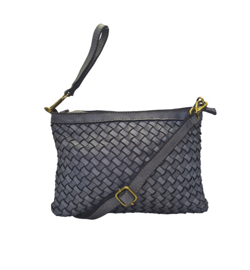 Leder Umh&auml;ngetasche mit Handgelenkschlaufe, Leder Clutch,Damen Schultertasche klein, Cross body Tasche geflochten Grau