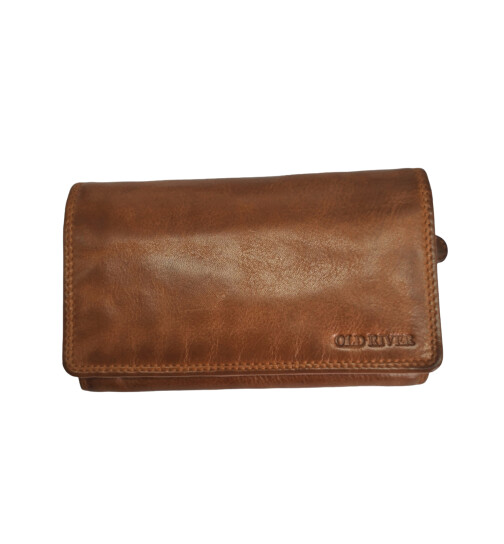 Old River Damen Leder Portemonnaie , Leder Geldbörse Mittelgroß, Damen Börse Vintage Leder Cognac