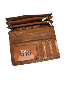 Old River Damen Leder Portemonnaie , Leder Geldbörse Mittelgroß, Damen Börse Vintage Leder Cognac