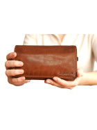 Old River Damen Leder Portemonnaie , Leder Geldbörse Mittelgroß, Damen Börse Vintage Leder Cognac