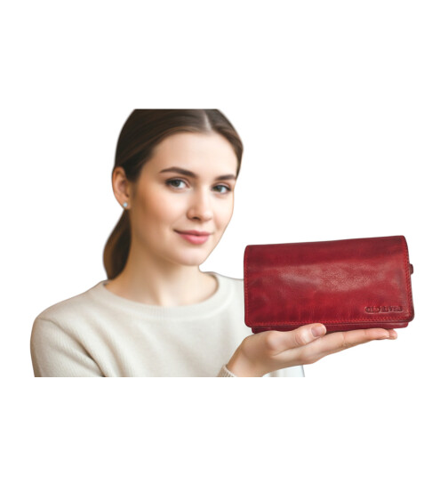 Old River Damen Leder Portemonnaie , Leder Geldbörse Mittelgroß, Damen Börse Vintage Leder Rot
