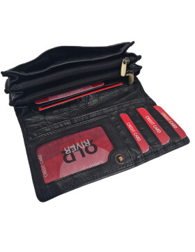 Old River Damen Leder Portemonnaie , Leder Geldbörse Mittelgroß, Damen Börse Vintage Leder Schwarz