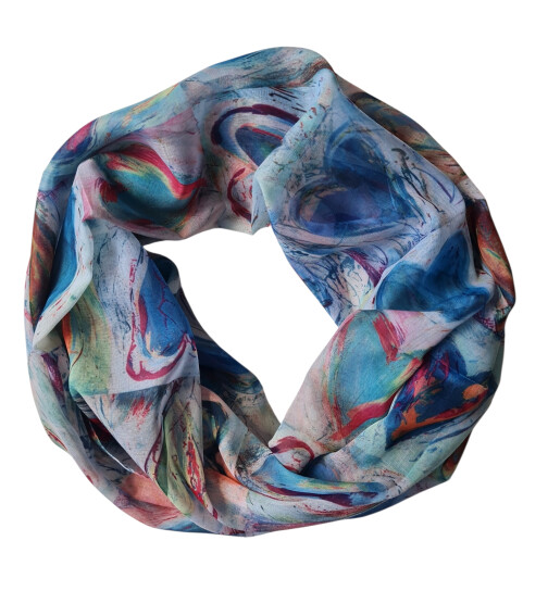 Damen Loop Schal Blau Bunt, Schlauchschal dünn, Halstuch bunt, Rundschal Tücher Herz Muster ,weiche Viskose Blau