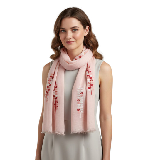 Damen Schal & Tüch leicht rosa mit Stickerei, dünner Halstuch mit Baumwolle/Viskose