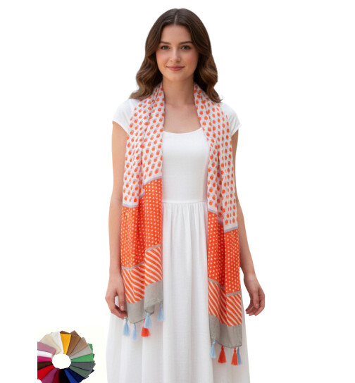Damen Sommer Schal bunt mit Quasten, dünner Halstuch Baumwolle/Viskose
