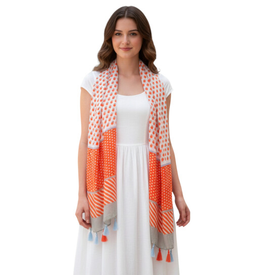 Damen Sommer Schal bunt mit Quasten, dünner Halstuch Baumwolle/Viskose Orange