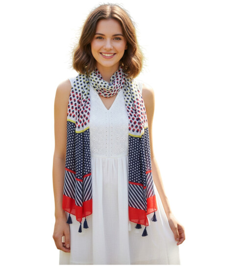 Damen Sommer Schal bunt mit Quasten, dünner Halstuch Baumwolle/Viskose Blau