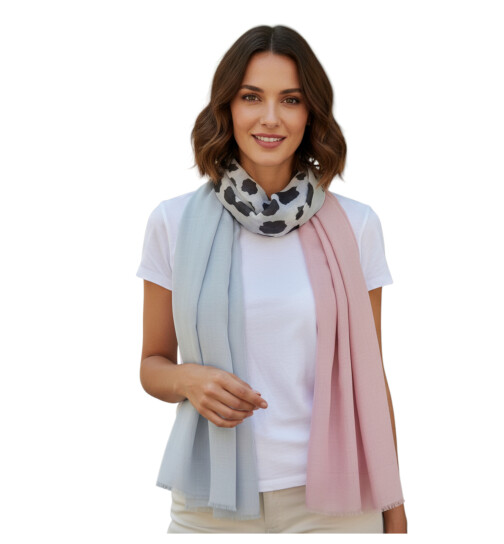 Damen Schal Leo Print, leichter dünner Halstuch weiche Viskose Rosa-Leo-Grau