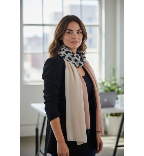 Damen Schal Leo Print, leichter dünner Halstuch weiche Viskose Rosa-Leo-Beige