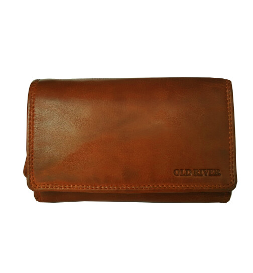 Old River Damen Leder Geldbörse, Damen Portemonnaie RFID Schutz Geldbeutel mit viel Fächer Cognac