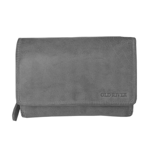Old River Damen Leder Geldbörse, Damen Portemonnaie RFID Schutz Geldbeutel mit viel Fächer Grau